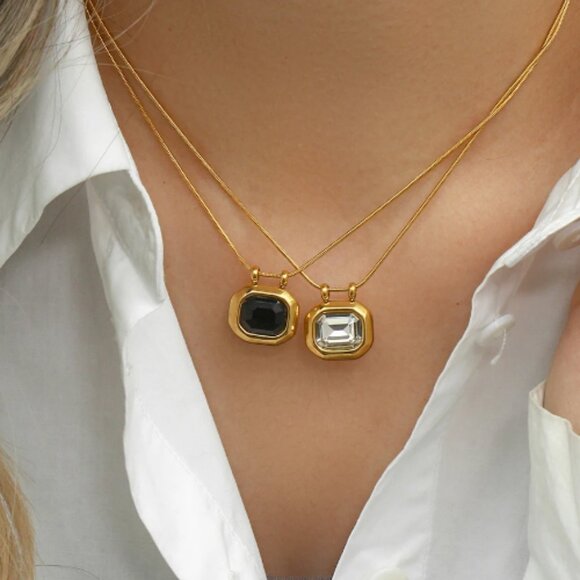 Stainless Steel Minimal Snake Rectangle Large Cubic Zirconia Necklace - Picture 2 of 3